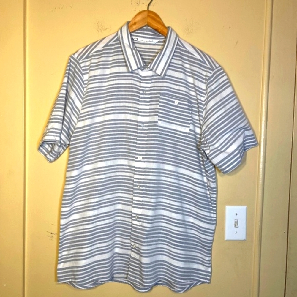 Travis Mathew Button up Gray and White Striped Shirt